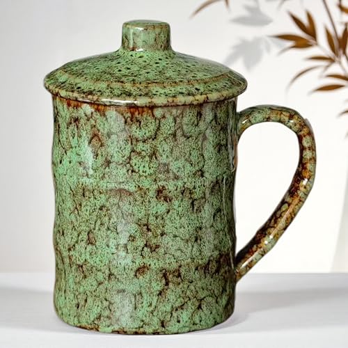 Taza de café grande cerámica 26oz con tapa y asa verde miniatura 1