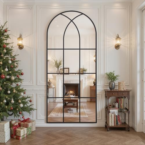 Image of Arched Window pane Full Length Mirror 30 inchx71 inch, Full Body Standing Mirror, Window Shaped Farmhouse Style with Aluminum Frame, Decor Wall Mirrors for Living Room, Courtyard, Bedroom, Entryway, Black