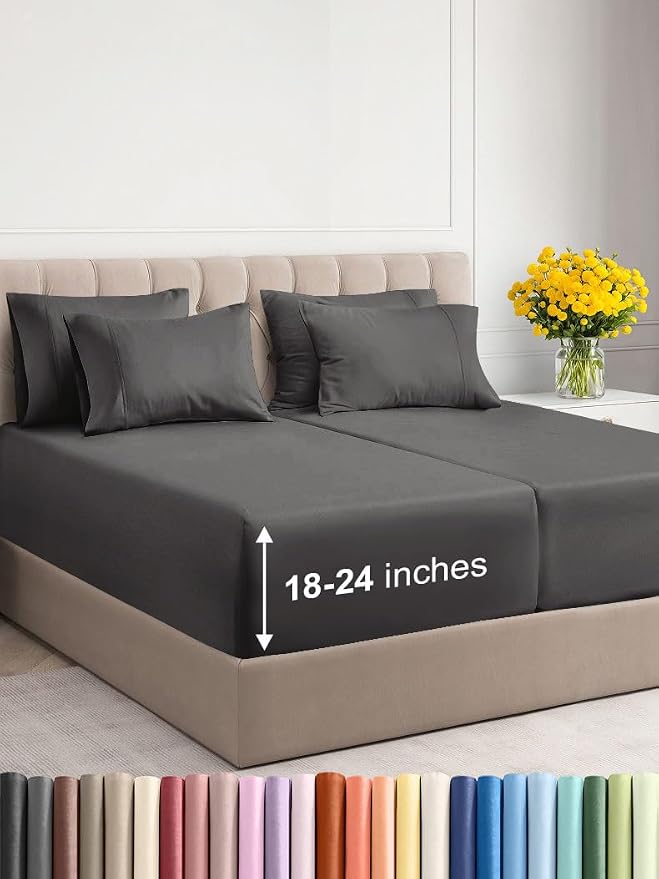 Extra Deep Cal King Sheet Set - 6 Piece Breathable & Cooling Sheets - Hotel Luxury Bedding Set w/18-24 Inch Extra Deep Pockets - Easy Fit - Super Soft, Wrinkle Free & Comfy - Charcoal, Cal King Size