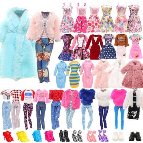 Miunana 28 Kleidung für 30 cm Puppen Puppenkleidung, 1 Mantel 1 Plüschoberteil Outfit 1 Pullover 1 Plüschjacke Set 3 Fashion Kleider 3 Tops 3 Hosen 5 Minikleider 10 Schuhe für 11,5 Zoll Puppen