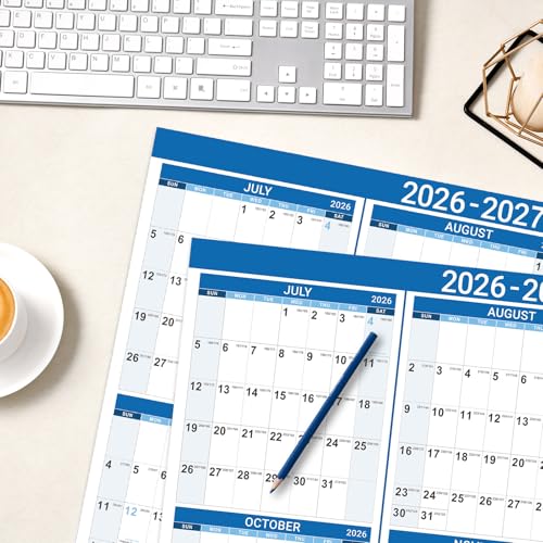 Image of 2026-2027 Yearly Wall Calendar - Jul 2026 - Jun 2027, 22.8 inch x 34.4 inch (Open), 2026-2027 Wall Calendar, Premium Paper, Double-Sided Small Round Sticks, Blue