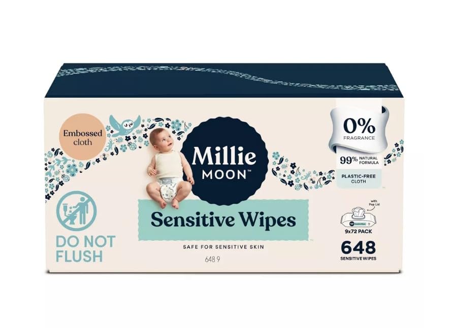 Image of Millie Moon Sensitive Baby Wipes, 648 Count, 9 Packs of 72 Wipes(1Box)