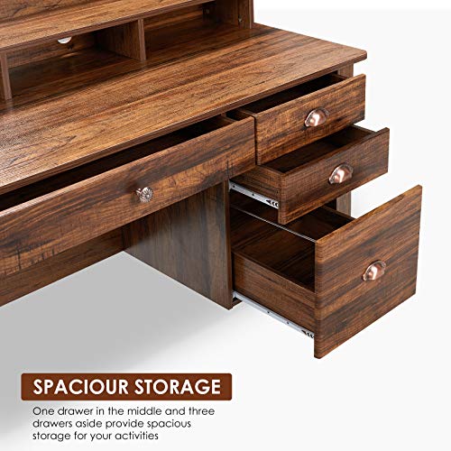 Computer Desk with 4 Drawers and Hutch Shelf, Executive Desk Home Office Desk Writing Sturdy PC Laptop Notebook Desk, Spacious Desktop Vintage Style Golden Cherry