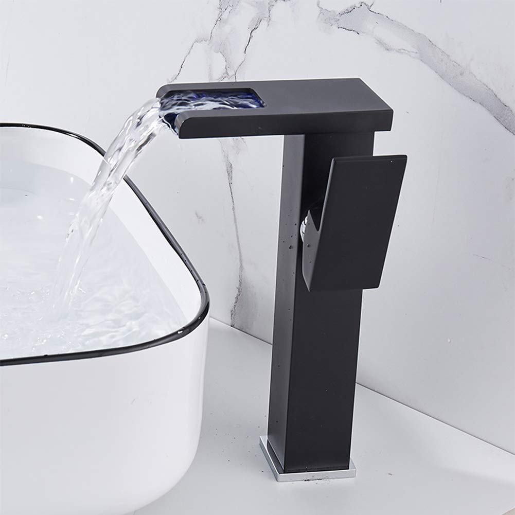 Grifo De Baño Cascada Grifo De Lavabo Led, Caño Alto, Grifo Mezclador Agua Fría Y Caliente, Elegante Monomando Latón Grifos Fregadero, Con Válvula De Cerámica, Estilo Moderno, Negro