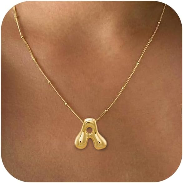 Gold Bubble Letter Necklace for Women Dainty 14K Gold Plated Balloon Initial Necklaces for Women Trendy Cute Chunky Charm Monogram Pendant Name Necklace Fashion Jewelry Gifts for Teens
