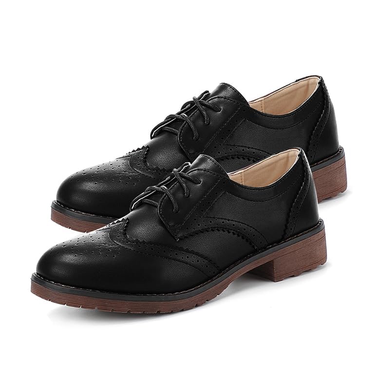 Fashion Women Oxford Shoes Block Heel Lace Up Derby Casual Brogue Shoes Brown Sneaker2