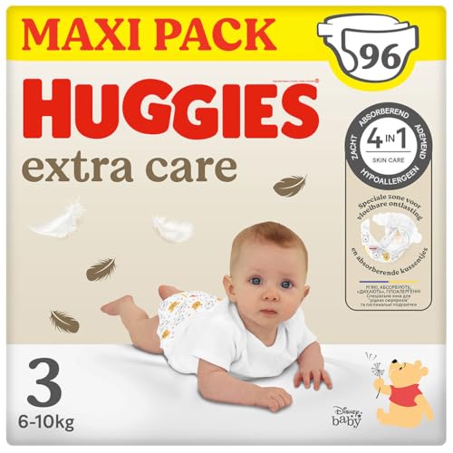Huggies Extra Care Pañal para bebé con diseños Disney Talla 3 (5-9 kg), 3 packs x 32 pañales, 96 pañales con almohadillas extra suaves que cuida de la piel del bebé