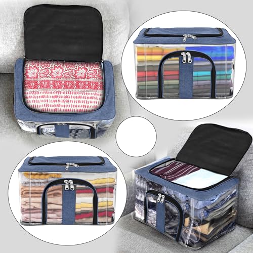 Image of Storite 4 Pack Nylon 33 L PVC Transparent Moisture Proof Storage box for Clothes Closet Wardrobe Organizer for Clothes Saree Bags with Carry Handle (DarkBlue, 44L x 31W x 24H cm)