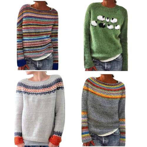 Womens Fair Isle Sweaters Trendy Fall Winter Casual Vintage Striped Crewneck Long Sleeve Oversized Pullover Knitted Top3