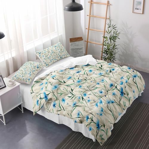 Housse de couette 200x200 fleurs bleues chic | Parure de lit jardin 3 pièces