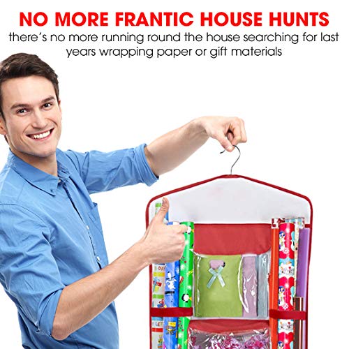 Primode Wrapping Paper Storage Hanging, Over The Door Wrapping Paper Organizer, Double Sided Multiple Front And Back Pockets, Store Your Gift Wrap, Gift Bags, Ribbon, Bows And Accessories, 40”X17” Fits Long 40 Inch Rolls, Clear Pvc Bag (Red) #TOP5