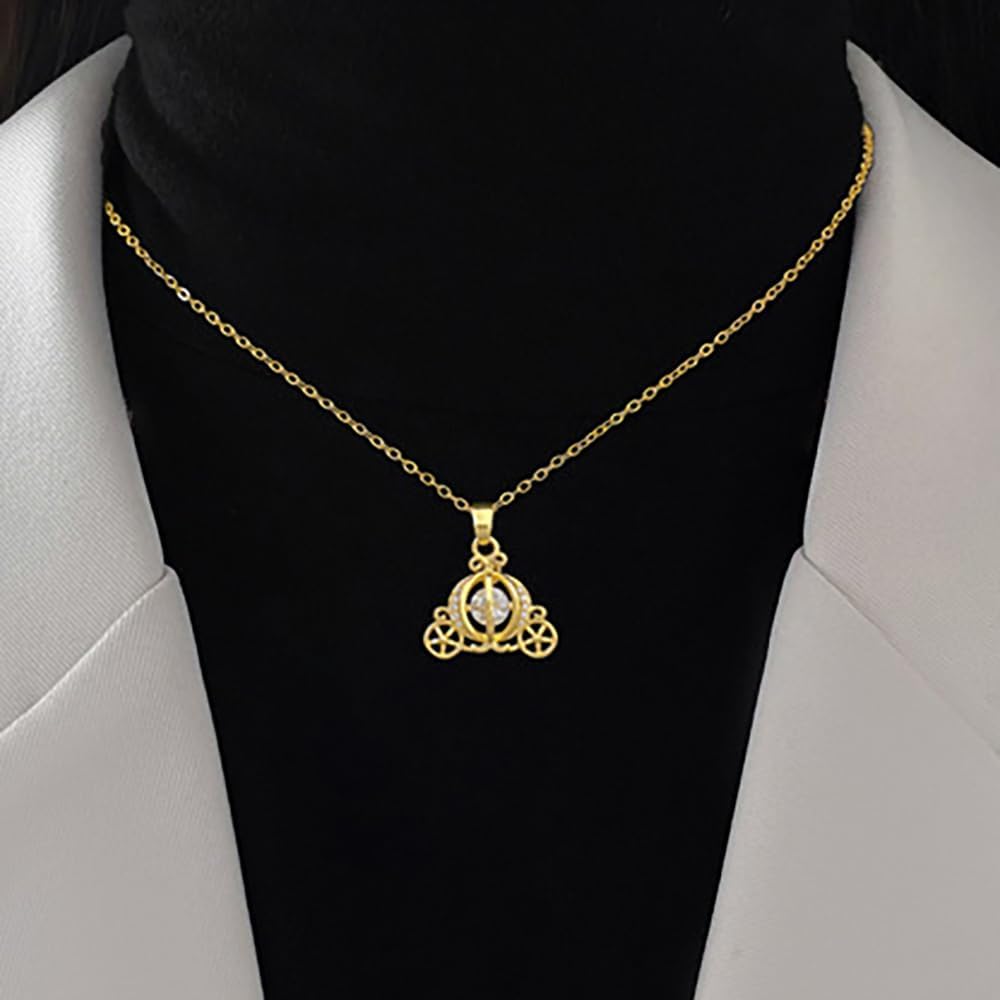 AMOBESTER Golden Pumpkin Carriage Necklace for Women Cubic Zirconia Cinderellas Necklace Fairy Tale Princess Jewelry