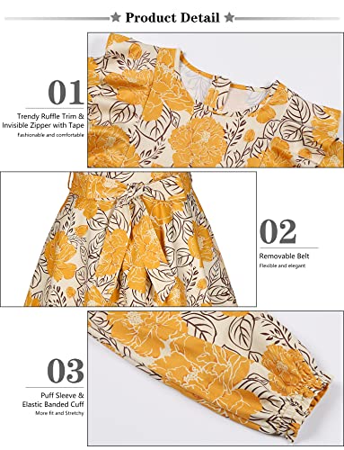 Quedoris Girls Ruffle Trim Long Sleeve Belted Dress With Zipper Yellow Floral Fall 150Y #TOP4