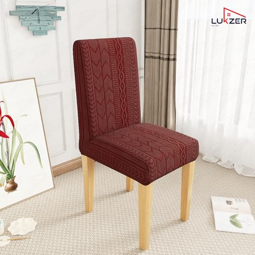 Image of Lukzer Elastic Dining Chair Cover - 4PC Pastel Deep Maroon Zigzag | Textured High Stretch Jacquard Seat Cover | Removable Washable Short Dining Chair Cover Protector Seat Slipcover | (CC-138-04)