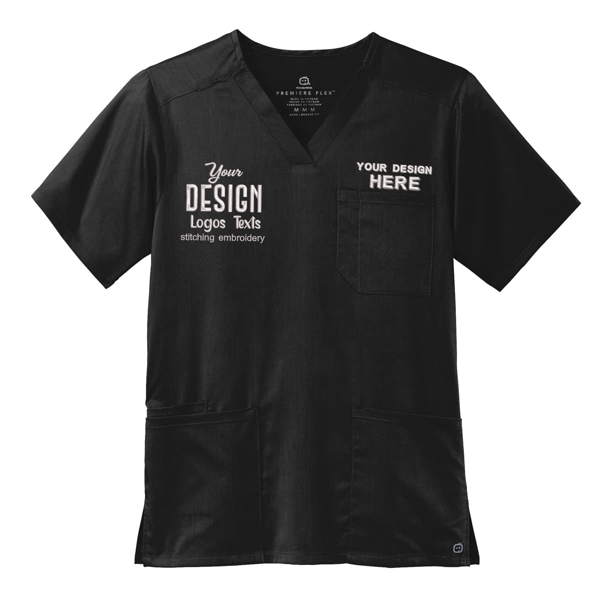 INK STITCH Unisex WW5068 Men Embroidered Logo Texts Premiere Flex V Neck Pocket Scrub Shirts - Black (L)