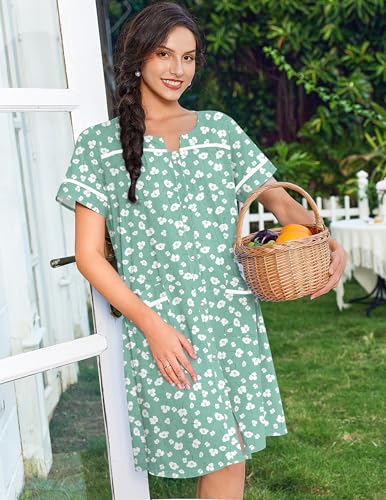 Image of Ekouaer Nightgowns for Women House Dress with Pockets Snap Front House Coat Short Sleeve Duster Moo Moos Sleepwear S-3XL