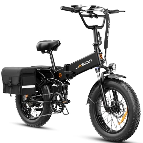 Jasion X-Hunter Electric Bike for Adults,1400W Peak Motor 30MPH Max Speed 48V 13AH Removable Battery,Full Suspension System 20 * 4.0 Fat Tire Foldable Ebike 7-Speed Bicycles with Saddle Bag