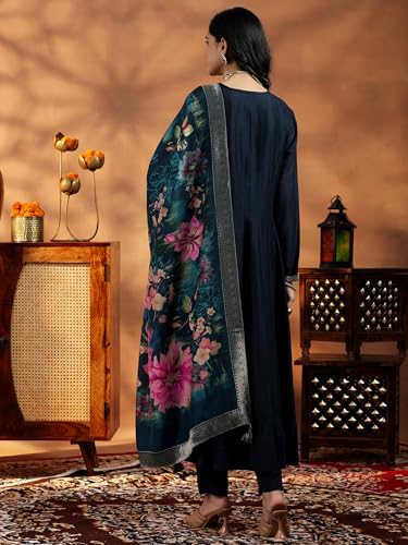 Image of Libas Womens Yoke Design Silk Blend A Line Kurta With Trousers and Dupatta | daily wear suit