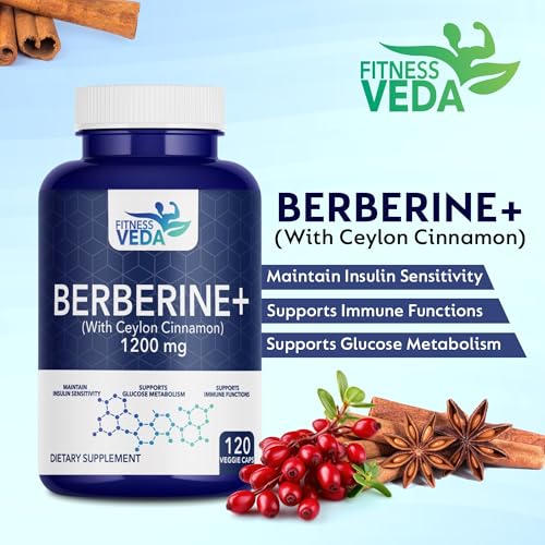 Image of FITNESS VEDA Berberine HCL 1200mg - 120 Capsules High Potency Herbal Supplement for Blood Sugar & Insulin Support | Supports Metabolic & Cardiovascular Health | Non-GMO, Vegan-Friendly - 120 Capsules