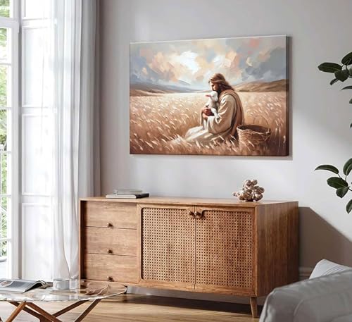 Jesus And Lamb Canvas Wall Art Christ Jesus Finds The Lost Lamb The Shepherd Painting Picture Wall Decor Religious Beliefs Poster Print Artwork for Living Room Bedroom Church Home Decoration — view 3