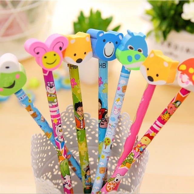 Pencil Set (12 pcs) Pencil Eraser Bulk For Kids Stationart Items Return Gifts Pencil For Kids Cartoon Rubber Eraser For Girls & Boys Birthday Return Gifts, Ink Color-Black