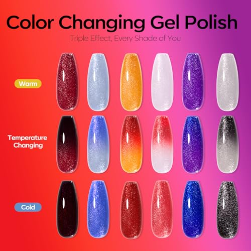 Image of modelones Color Changing Gel Nail Polish Set, 6 Colors Temperature Changing Mood Red Black Blue Glitter Gel Polish Colors Collection Soak Off Holiday Salon DIY at Home