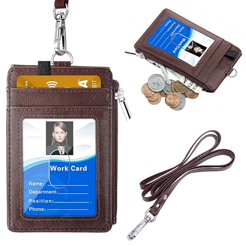 ELV Badge Holder with Zipper, PU Leather ID Badge Card Holder Wallet with 5 Card Slots, 1 Side RFID Blocking Pocket and 20 inch Neck Lanyard Strap for Offices ID, School ID, Driver Licence - Brown
