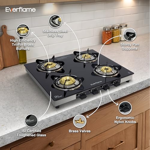 Image of Everflame Iris 4 Burner Gas Stove | Manual Ignition | LPG Gas Stove | SS Frame | Heavy Brass Burner | Toughened Glass | Modern Kitchen Slim Cooktop | 2 Years Product Warranty + Doorstep Service