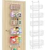 Hongtamoya Over The Door Organizer, Hanging Door Organizer with 5 Metal Baskets, Behind The Door Storage for Pantry Closet Bedroom Bathroom Cabinet Kitchen, White