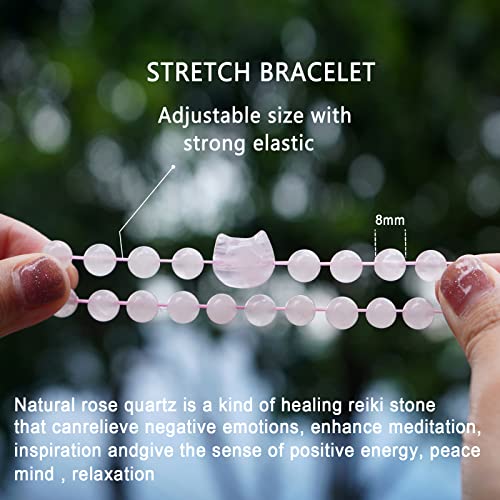 Owmell Natural Rose Quartz Bracelet, Cat Beaded Bracelets For Women Girls, Stretch Bracelet 8Mm Protection Bracelet Rose Quartz Gemstone For Attract Romantic Love #TOP5