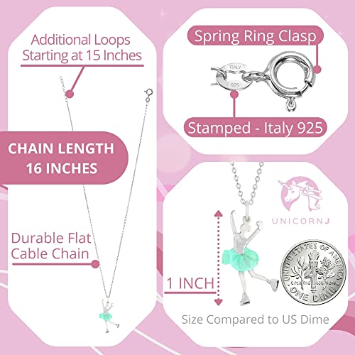 Unicornj Childrens Teen Sterling Silver 925 Figure Skater Layback Spin Pendant Necklace With Turquoise Color Tulle Skirt And Enamel 16" Italy #TOP1