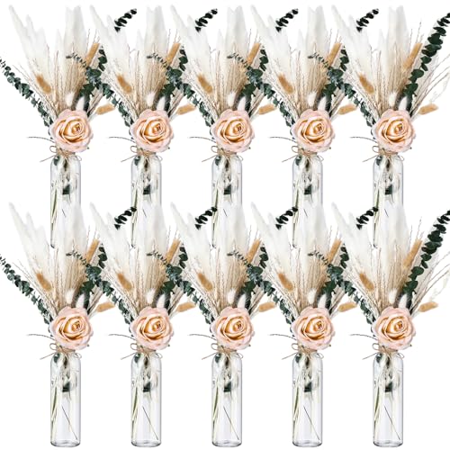 Qinyoung 10 Set Dried Pampas Grass Centerpiece for Wedding Baby Shower Party 10 Glass Flower Jars 10 Artificial Roses 80 Dried Pampas Grass with Rope for Rustic Bridal Farmhouse Decoration(Champagne)