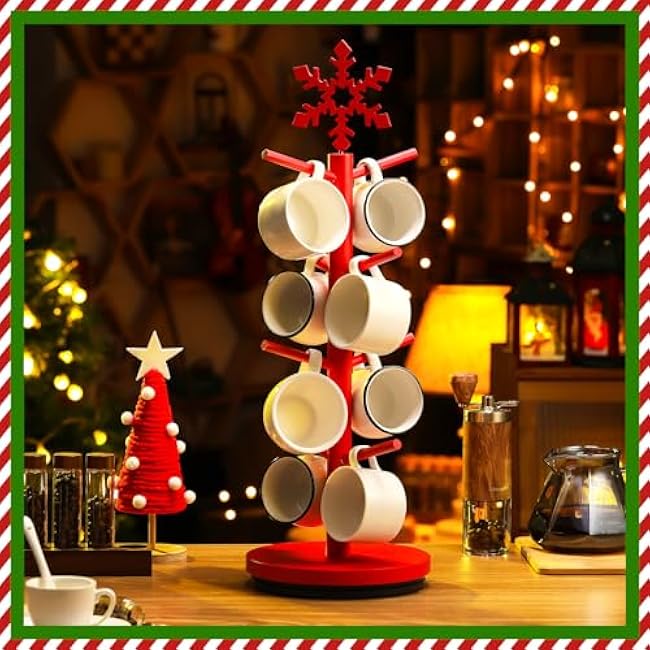 Coffee Mug Holder Tree Upgraded 360¡ã Rotated 8 Hooks Mug Holder for Countertop Black Cups Storage Rack Wood Coffee Cup Rack for Christmas Kitchen Accessories(Snowflake)