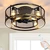 Farmhouse Ceiling Fan with Lights 20 Inch Flush Mount Bladeless Rustic Ceiling Fans with Remote Control for Low Ceilings Vintage Living Room Bedroom Bronze E26 Bulbs Not Included