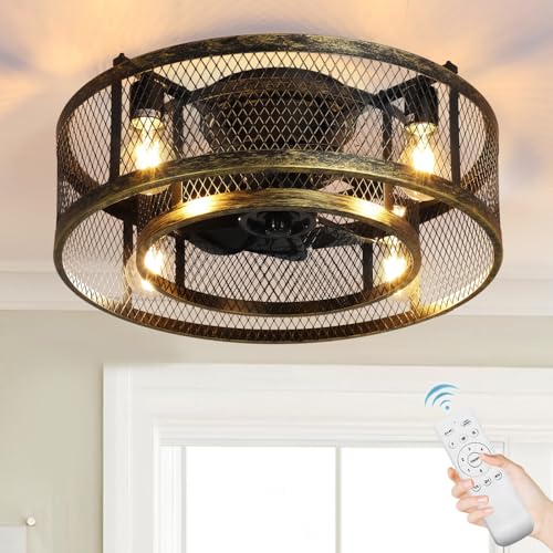 Farmhouse Ceiling Fan with Lights 20 Inch Flush Mount Bladeless Rustic Ceiling Fans with Remote Control for Low Ceilings Vintage Living Room Bedroom Bronze E26 Bulbs Not Included