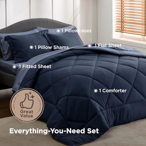 Image of Bedsure Twin Comforter Set - 5 Pieces Reversible Navy Blue Bedding, Twin Size Bed Set for All Seasons, Bed in a Bag with Down Alternative Comforter, Sheets, Pillowcase & Sham