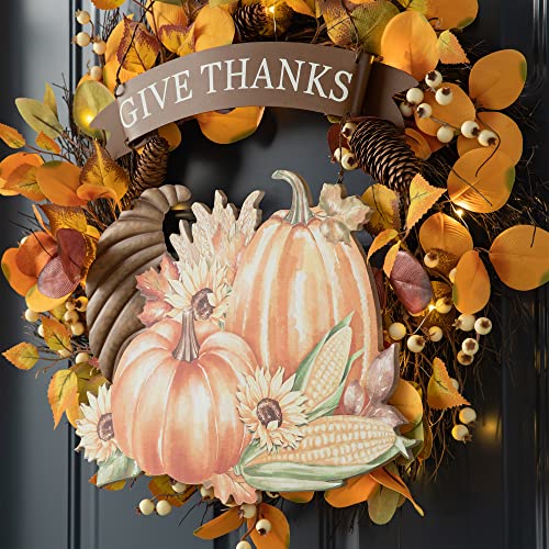 Glitzhome 16" H Thanksgiving Wall Decor Give Thanks Hanging Sign Decorations Pumpkin Croissant Corn Decorative Signs Plaques Fall Harvest Decor Wall Mounted Metal Wooden Sign For Front Door Home #TOP4