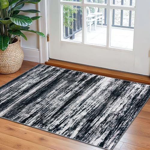 KOZYFLY Modern Abstract Small Area Rugs, 2x3 Washable Kitchen Rug Non-Slip Soft Small Bathroom Rug, Black Navy Blue Grey Striped Entryway Rugs Faux Wool Doormat for Bedside Entrance Bedroom Sink