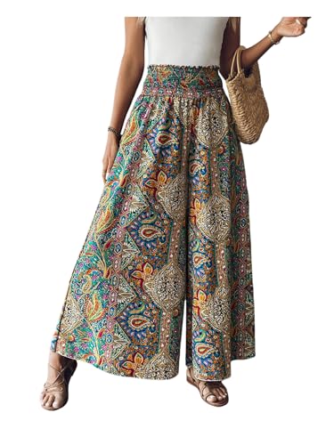 Women's Boho Paisley Print High Elastic Waist Loose Wide Leg Pants Vacation Holiday Palazzo Trousers