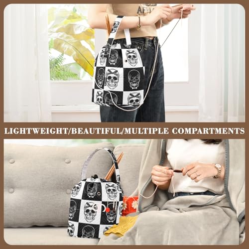 Image of Yarn Storage Bag Small Crochet Bag Knitting Bag Organizer Gothic Skull Black and White Yarn Bags for Crocheting Basket