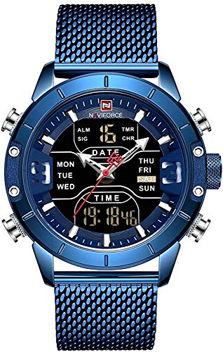 NAVIFORCE Montres de sport étanches en acier inoxydable pour homme - Analogique-numérique, bleu, Bracelet