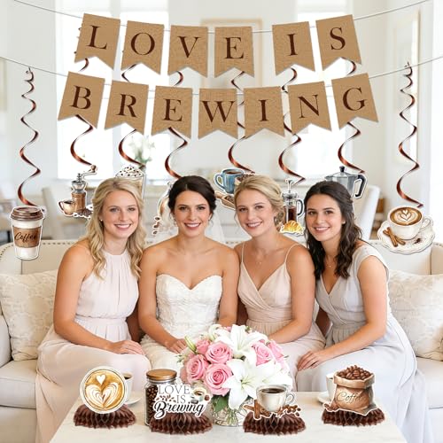 Image of Love Is Brewing Bridal Shower Decorations, Coffee Bridal Shower Banners with Hanging Swirls Party Decoration, Martini Themed Honeycomb Centerpieces Decor for Wedding