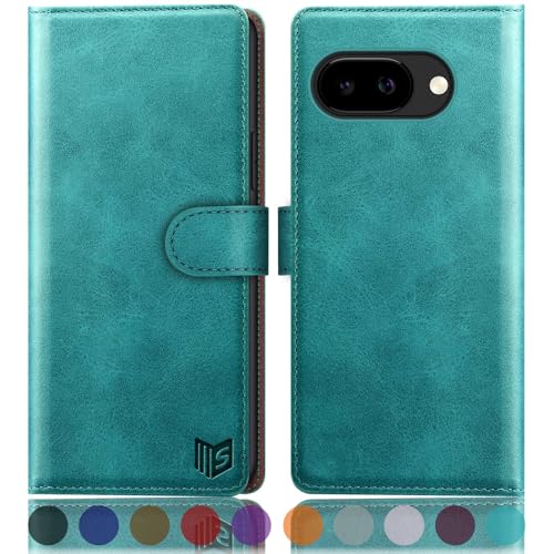 Étui Google Pixel 9A SUANPOT en cuir bleu vert avec blocage RFID