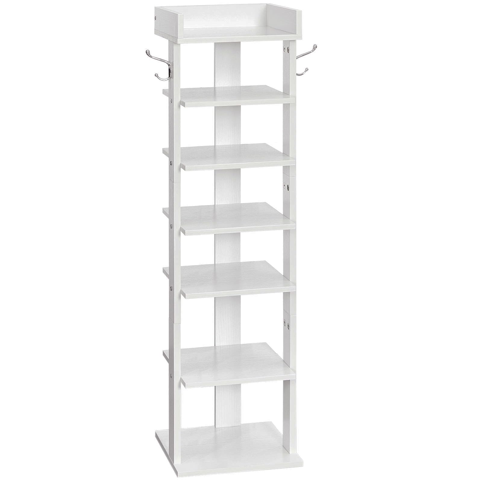 HOOBRO Vertical Shoe Rack for Front Door Entryway, 7 Tier Wooden Shoe Storage Organizer with Hooks, Narrow Shoe Tower for 7 Pairs, Space Saving, for Corner, Closet, Bedroom, White WT61XJ01