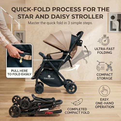 Image of StarAndDaisy Foldable Stroller for Baby 0-3 Years Infant & Toddler / Travel Pram for Baby with Adjustable Canopy & Footrest with Lockable Wheels, Multi-Level Recline , Removable Tray , Safety Harness Belt (Brown)
