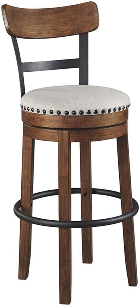BOWERY HILL 30" Swivel Bar Stool, Vintage White Finish, Metal and Engineered Wood, Linen Colored Upholstered Seat, Nailhead Trim, 42" Tall, 360-Degree Swivel, Rustic-Industrial Style for Kitchen or