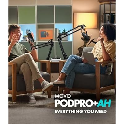 Movo Pro Portable Podcast Equipment Bundle for iPhone/Android Phones- Podcast Kit with Audio Interface, 2 UM6 Dynamic Mics, 2 Headphones, 2 Boom Arms - for Smartphones, Computers, PC, Mac