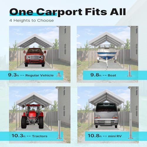 Image of ADVANCE OUTDOOR 10x20 ft Heavy Duty Carport Potable Car Canopy Garage Party Tent Boat Shelter, Adjustable Height from 9.5 ft to 11 ft, White