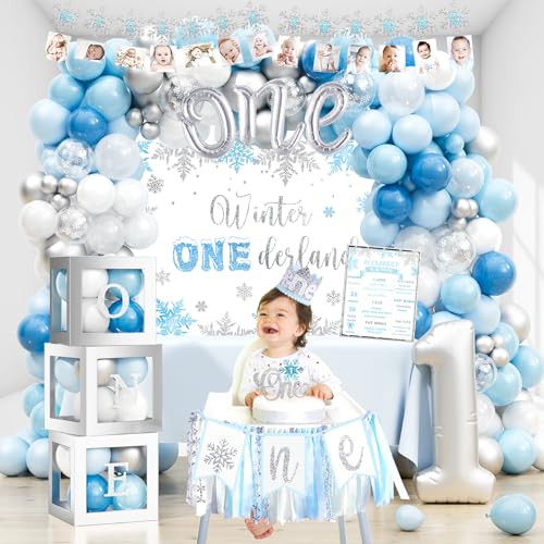 Winter Onederland Birthday Decorations, Winter Onederland 1st Birthday Decoration for Boy, Snowflake Photo Banner Highchair Banner Balloon Garland Balloon Box for WinterWonderland Snowflake Baby First Bday Party