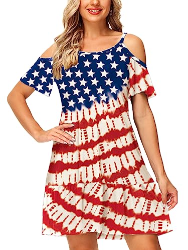 Image of Deerose Womens 4th of July Dresses Cold Shoulder American Flag Tie Dye A-Line Dress with Pockets